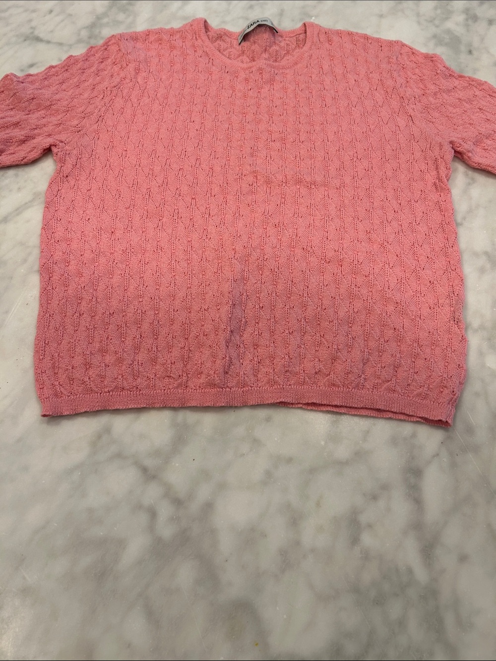 Zara Women's Pink Pointelle Knit Crewneck Sweater